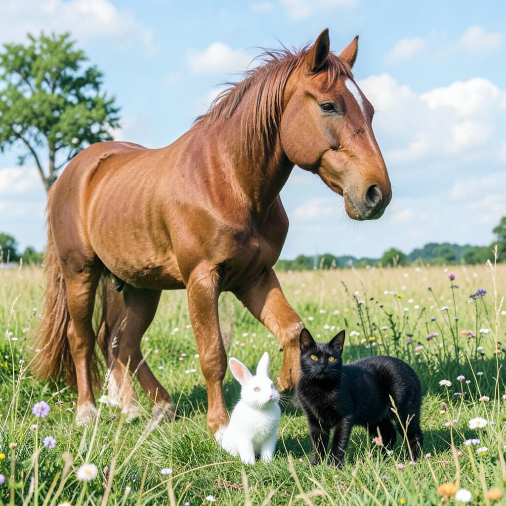 A big brown horse, a small white rabbit, and a medium-sized 
