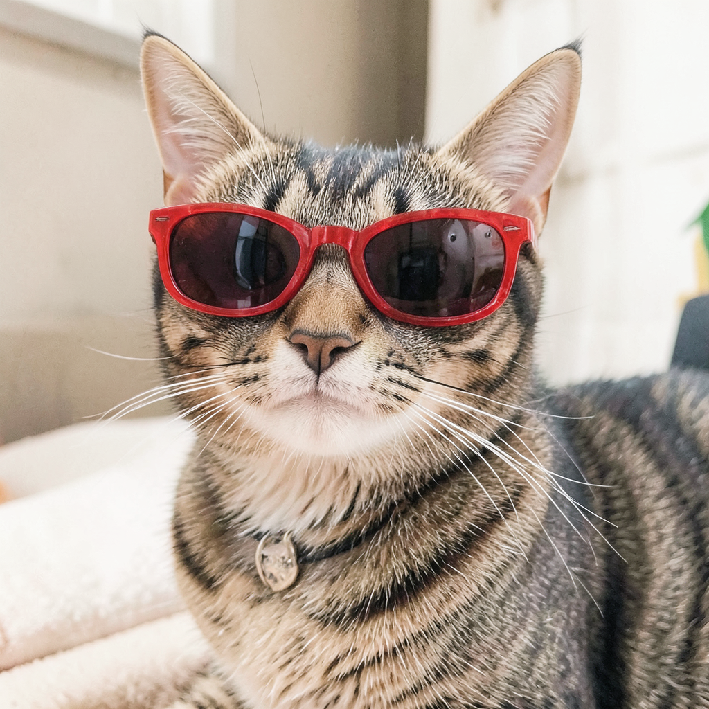 A tabby cat wearing oversized red sunglasses