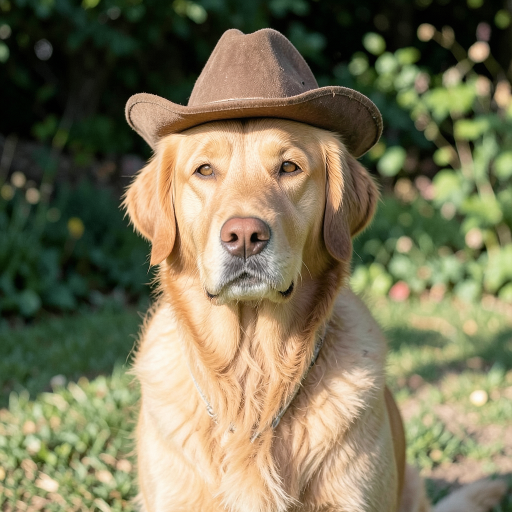 A golden retriever wearing a tiny cowboy hat