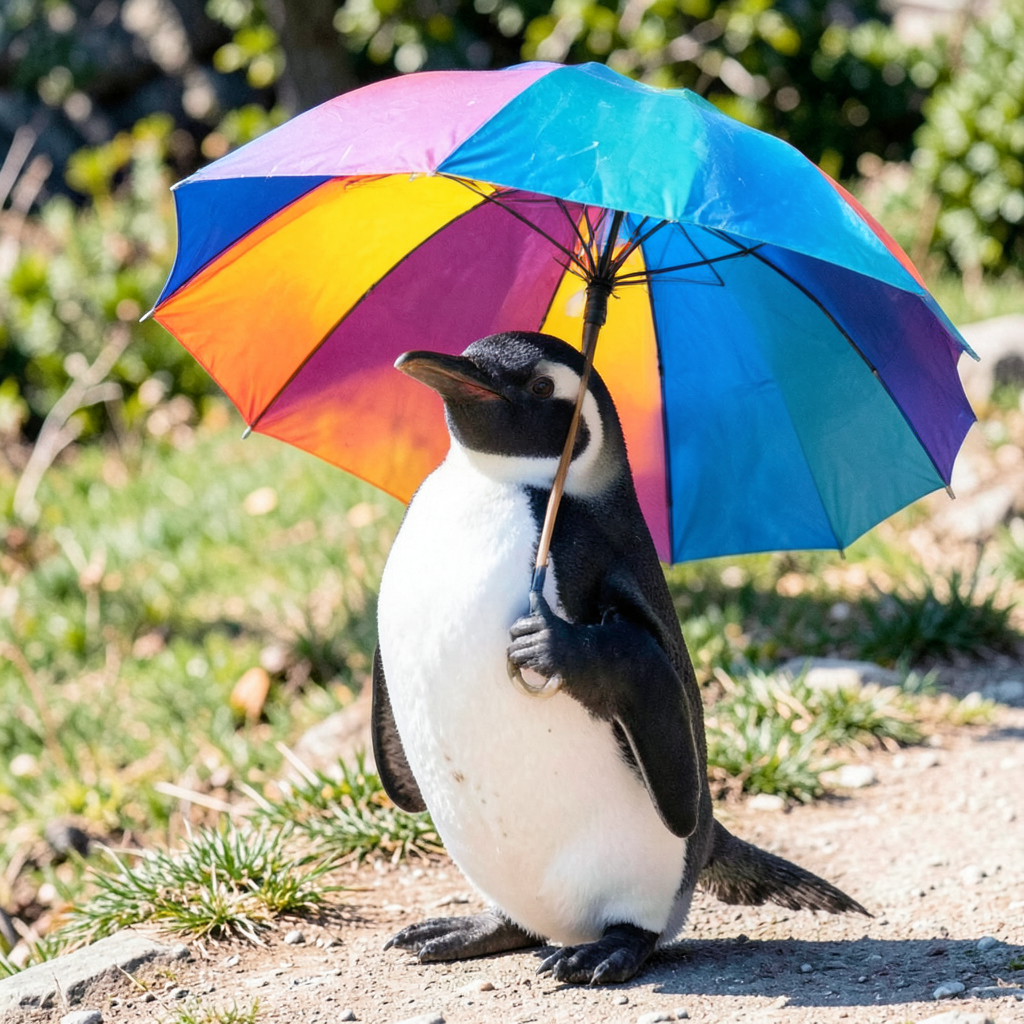 A penguin holding a colorful umbrella
