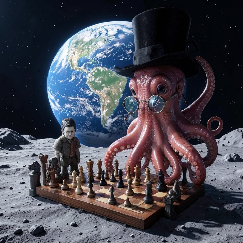 An octopus wearing a top hat and monocle playing chess on th