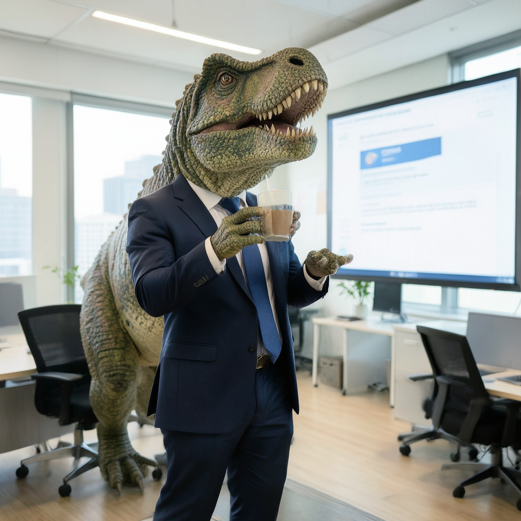 A dinosaur in a business suit giving a PowerPoint presentati