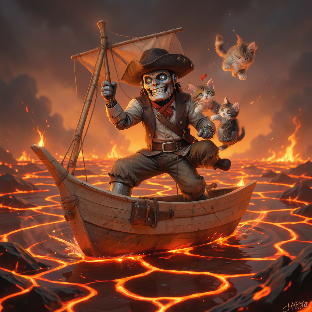 A robot dressed as a pirate sailing a paper boat on a lake o