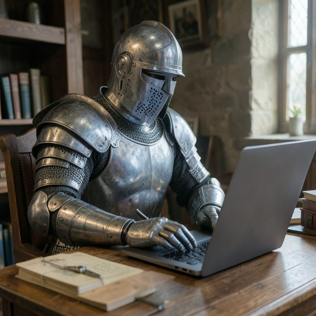A medieval knight in full armor sitting at a desk typing on 