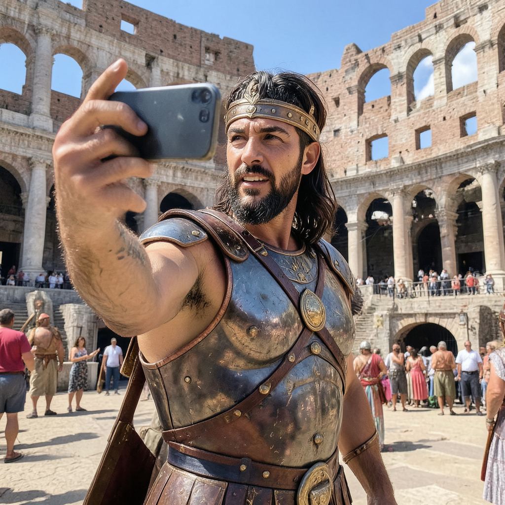A Roman gladiator taking a selfie with a smartphone in the C