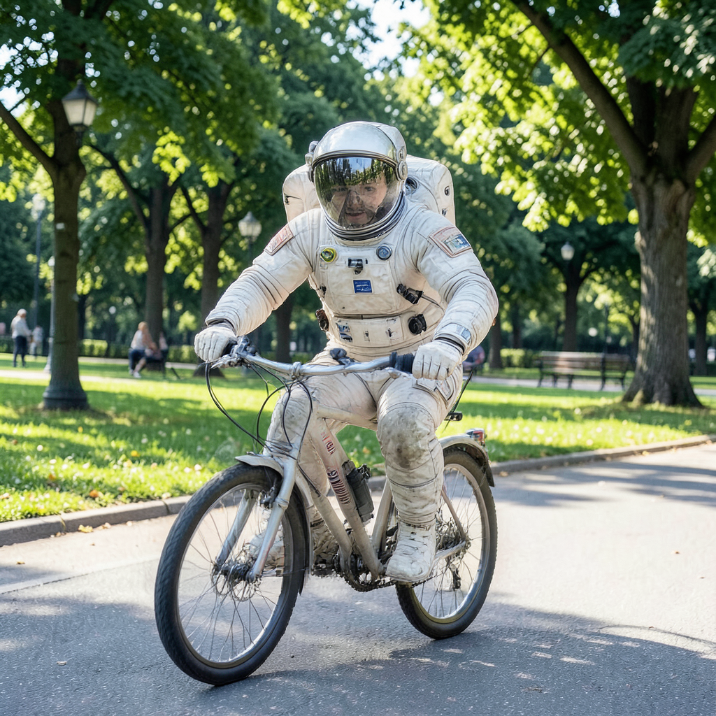 An astronaut in a spacesuit riding a bicycle through a park