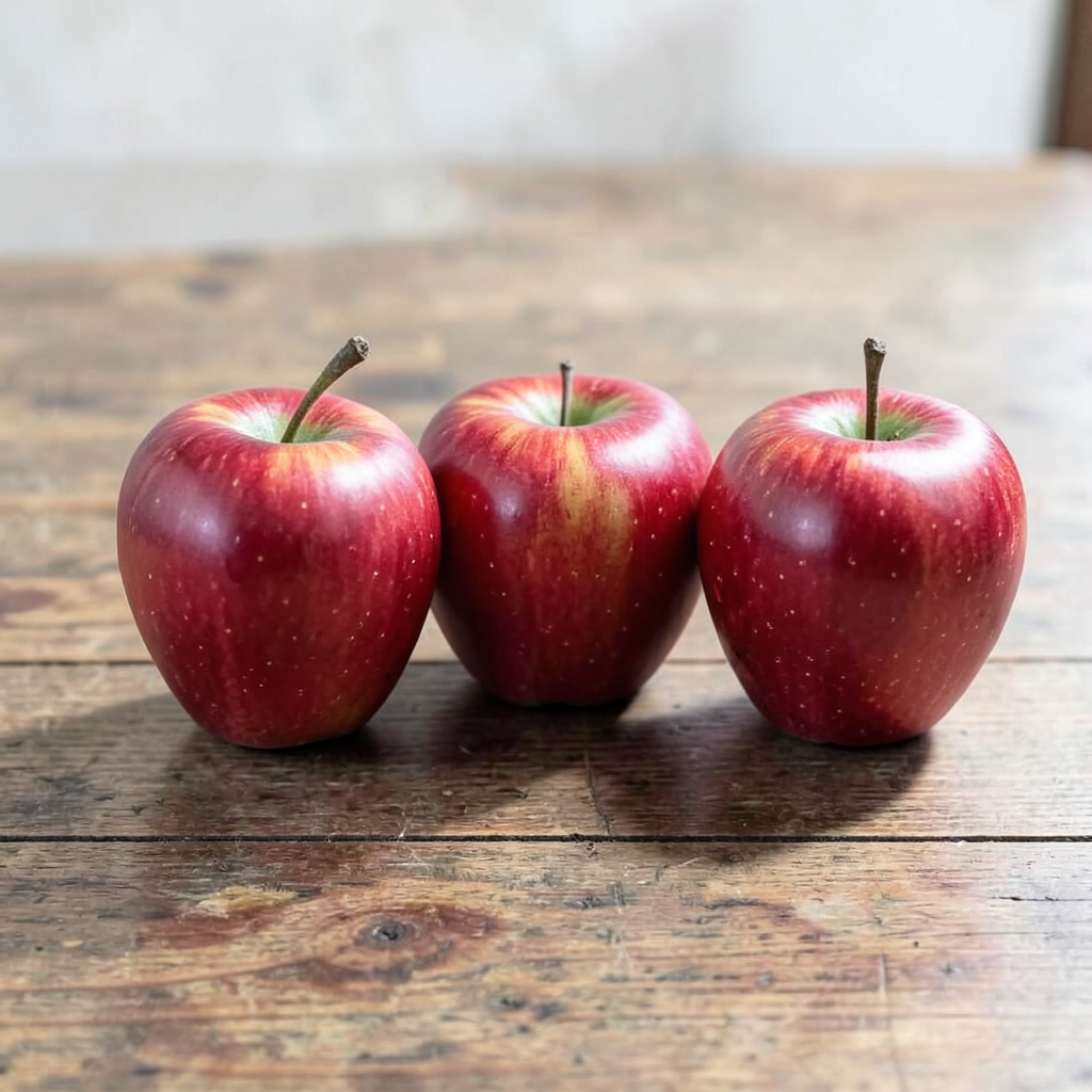 Exactly 3 red apples arranged on a wooden table