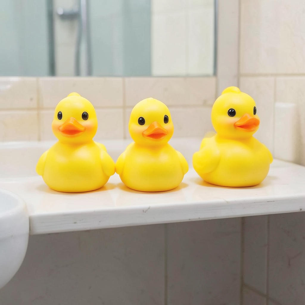 Exactly 5 yellow rubber ducks sitting in a row on a bathroom
