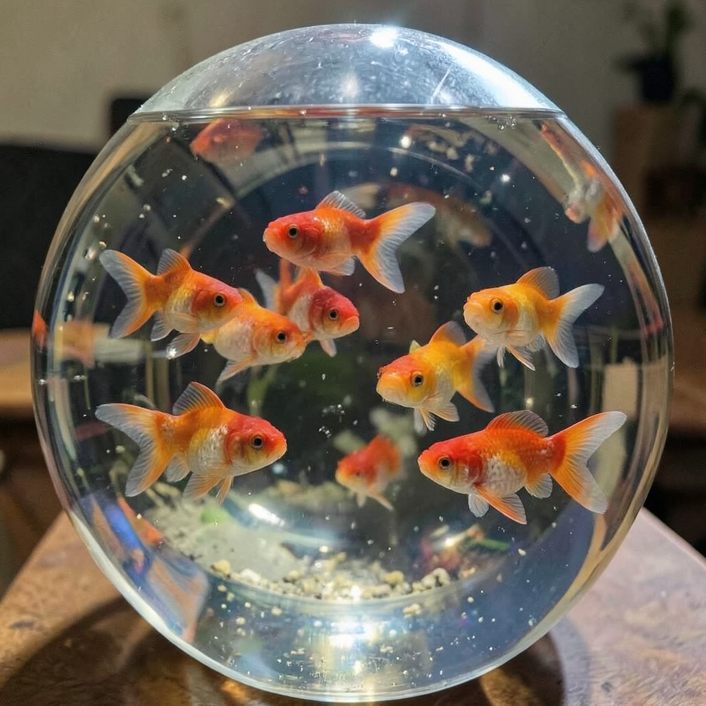 Exactly 9 goldfish swimming in a large round fishbowl