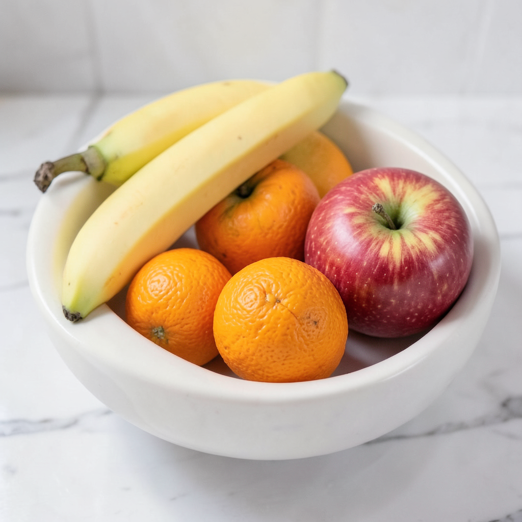 A fruit bowl containing exactly 3 bananas, 4 oranges, and 2 