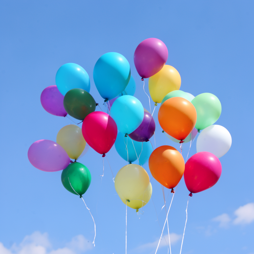 Exactly 11 colorful balloons floating against a clear blue s