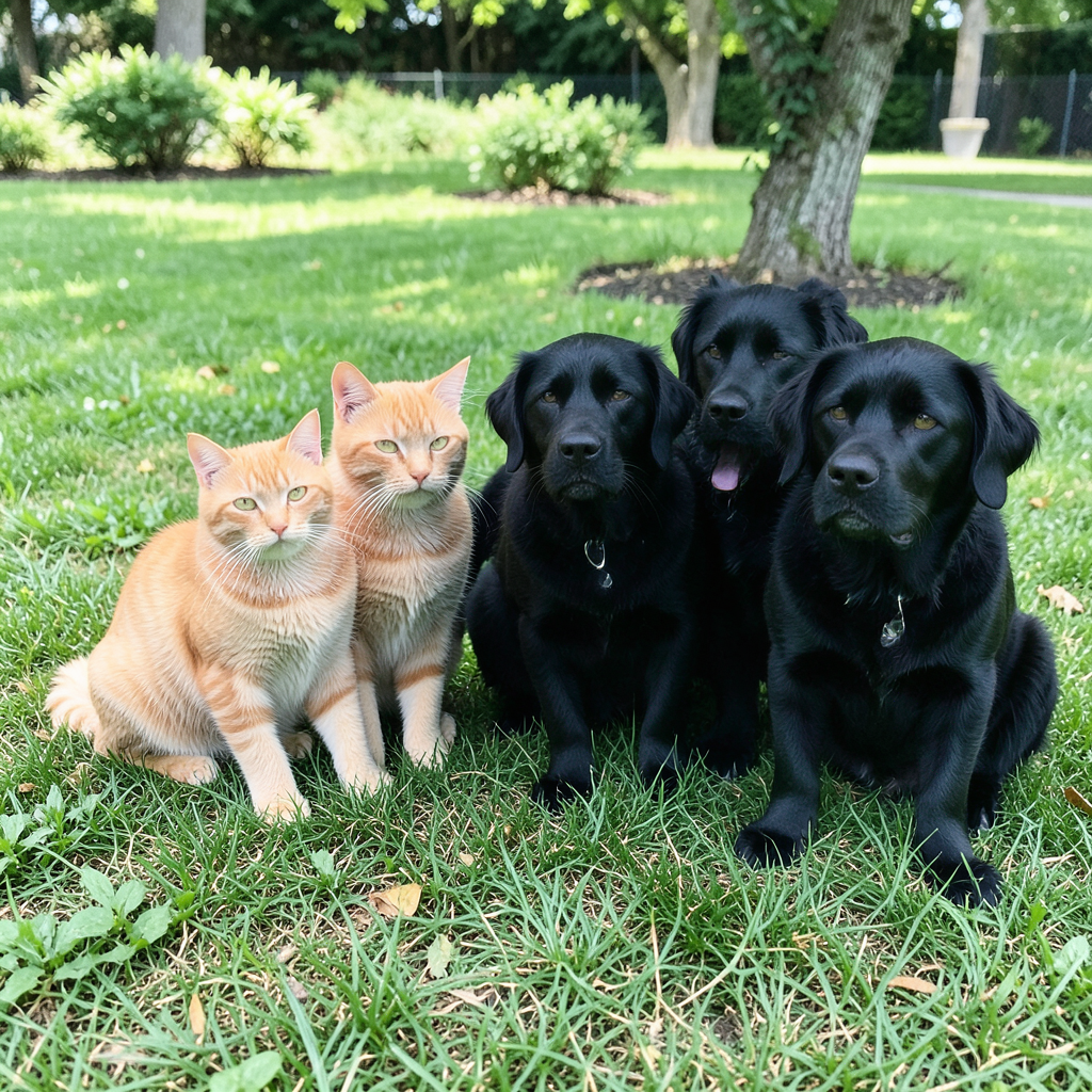 2 orange cats and 3 black dogs sitting together on a grassy 