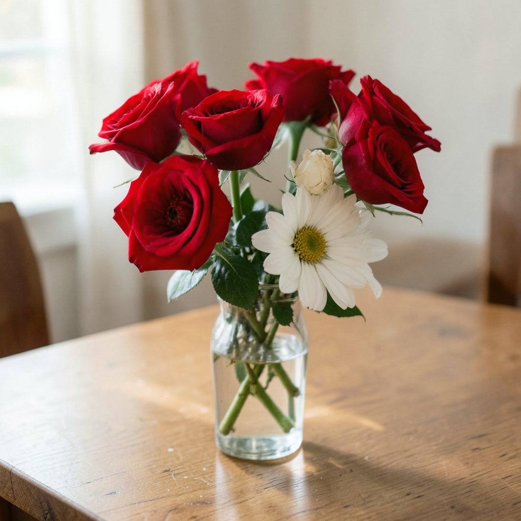 4 red roses and 2 white daisies in a glass vase on a table