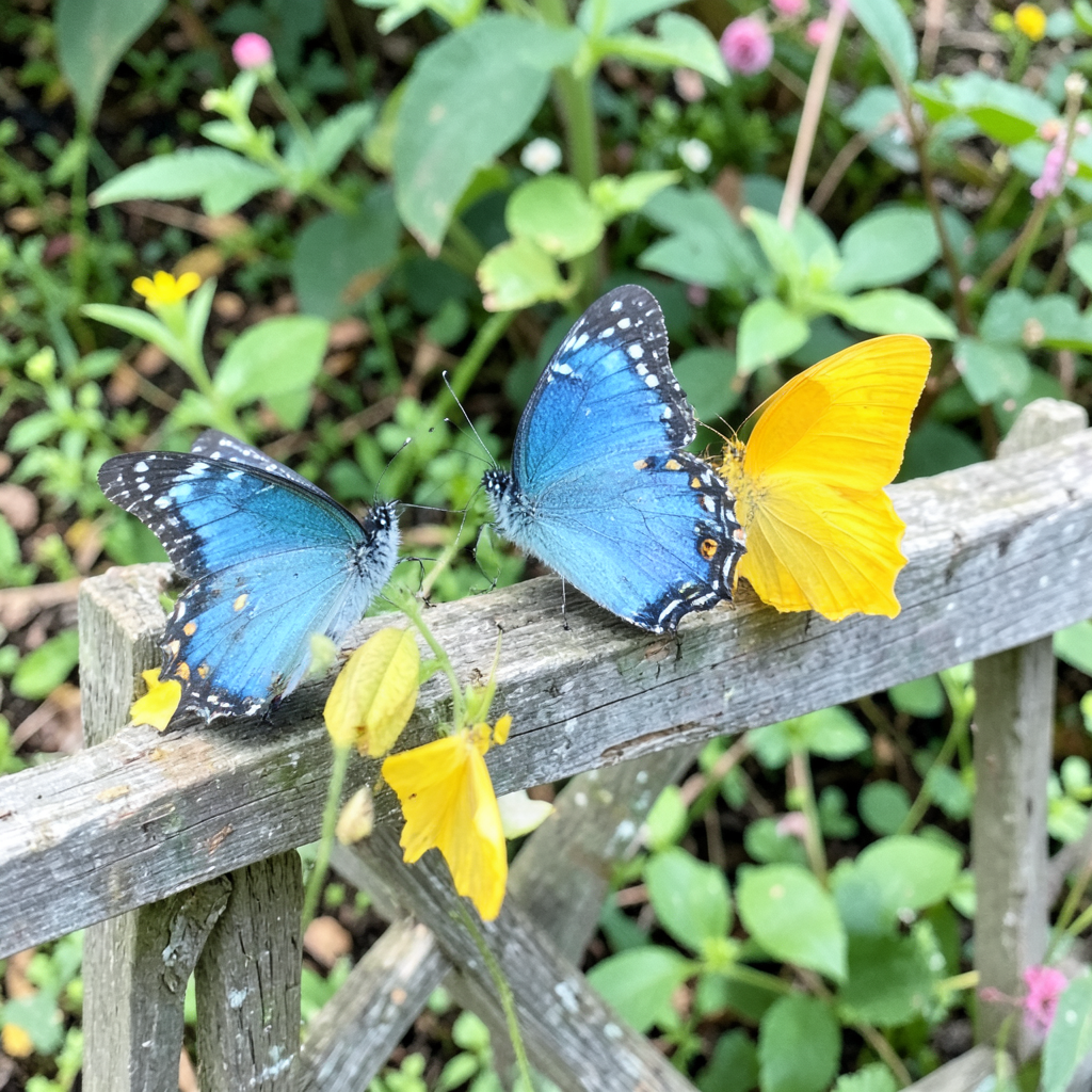 1 blue butterfly and 3 yellow butterflies resting on a garde