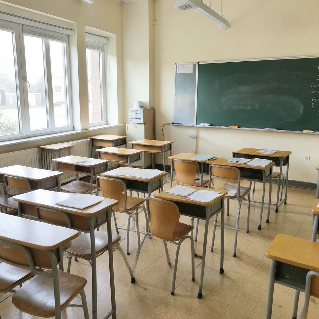 A classroom with desks and a chalkboard but no students