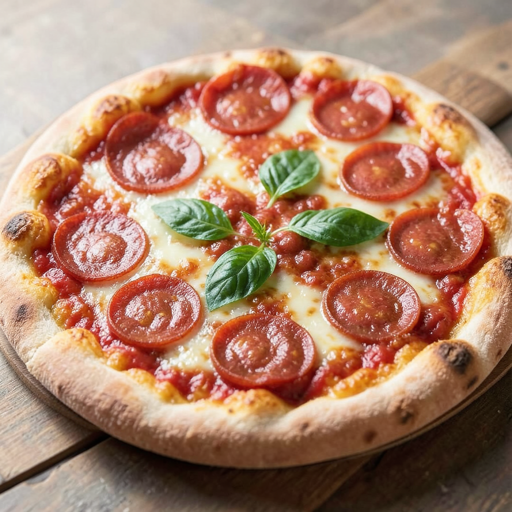 A pepperoni pizza with tomato sauce, basil, and crust but ab
