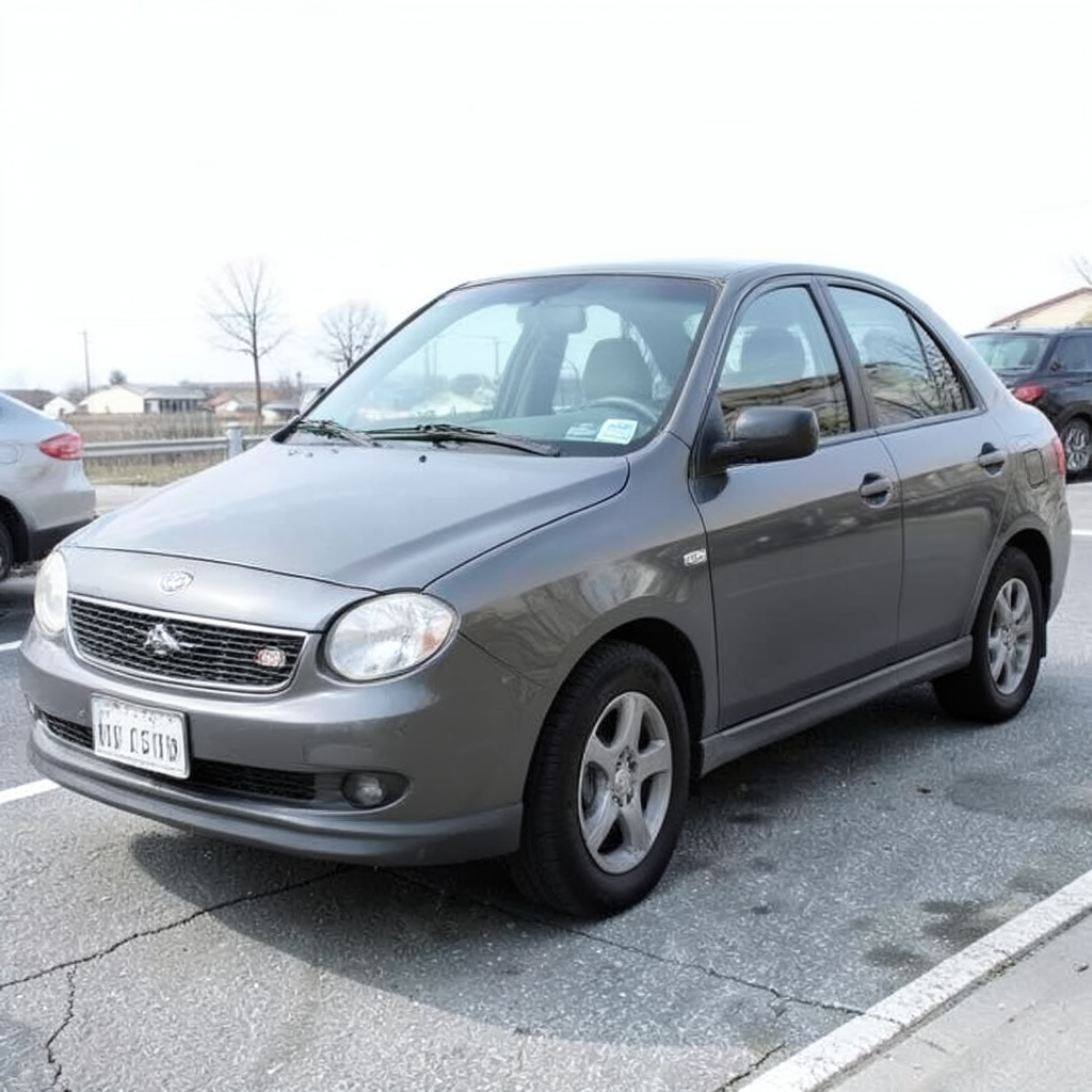 A car body with windows, doors, and headlights but no wheels