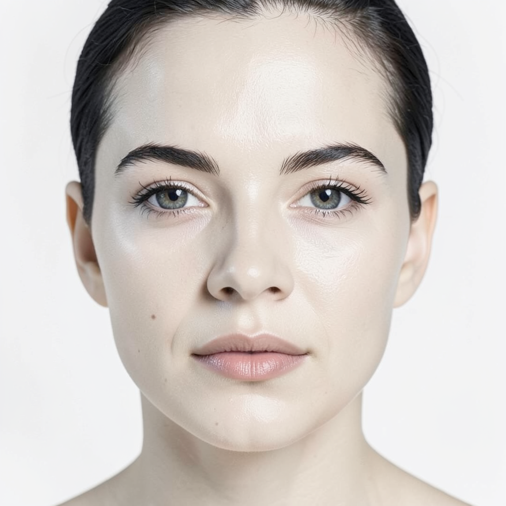 A human face with eyes, nose, and mouth but no eyebrows