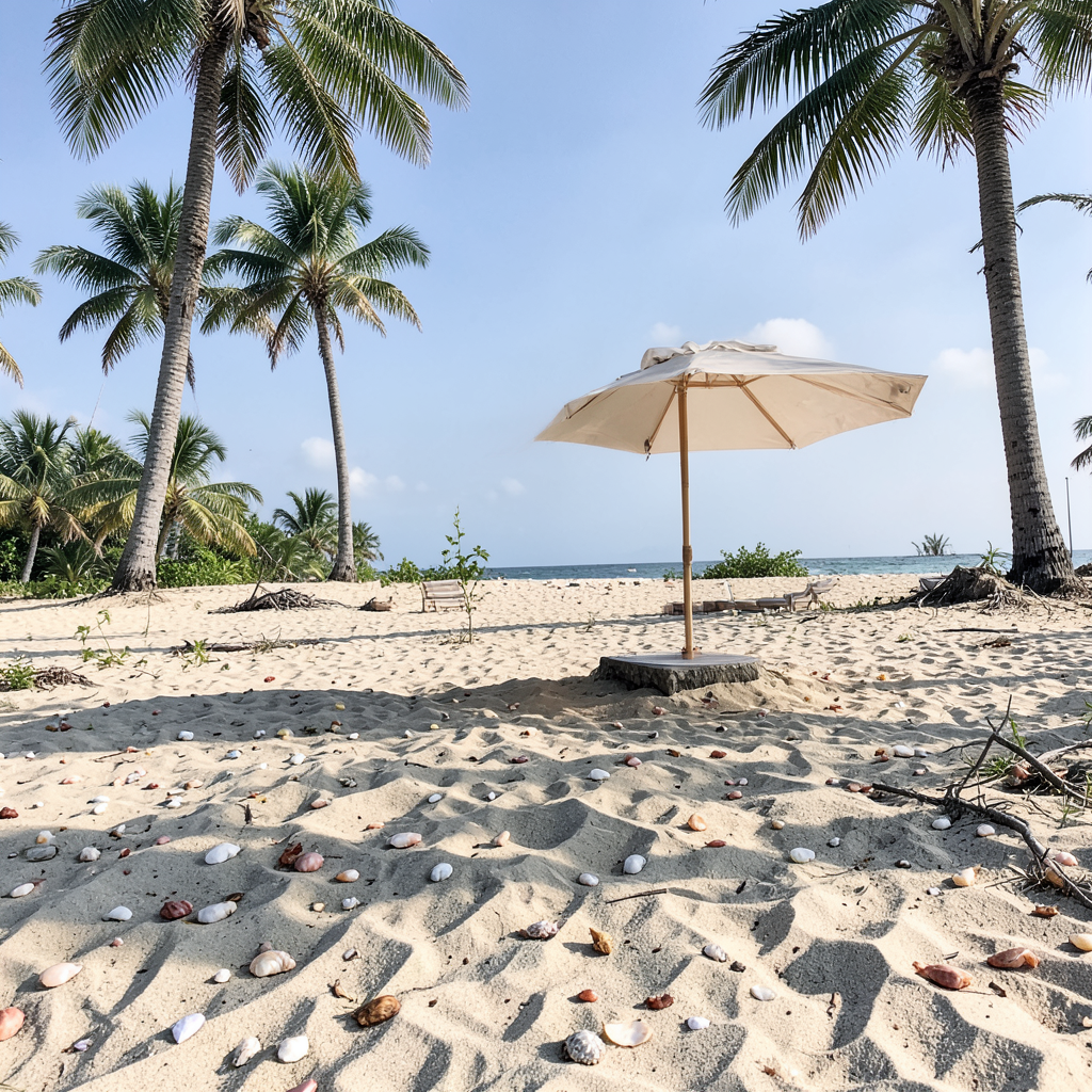 A sandy beach with palm trees, seashells, and a beach umbrel
