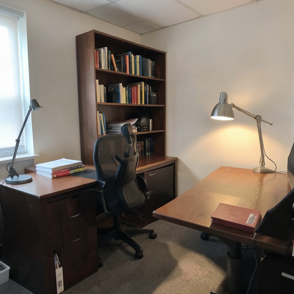 An office workspace with a desk, chair, bookshelf, and lamp 