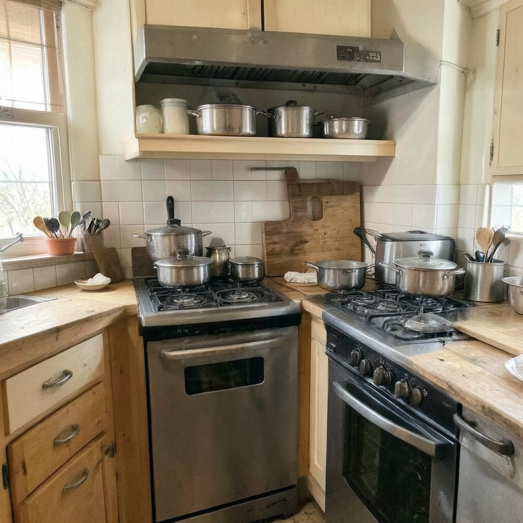 A kitchen with pots, pans, a stove, and a cutting board but 