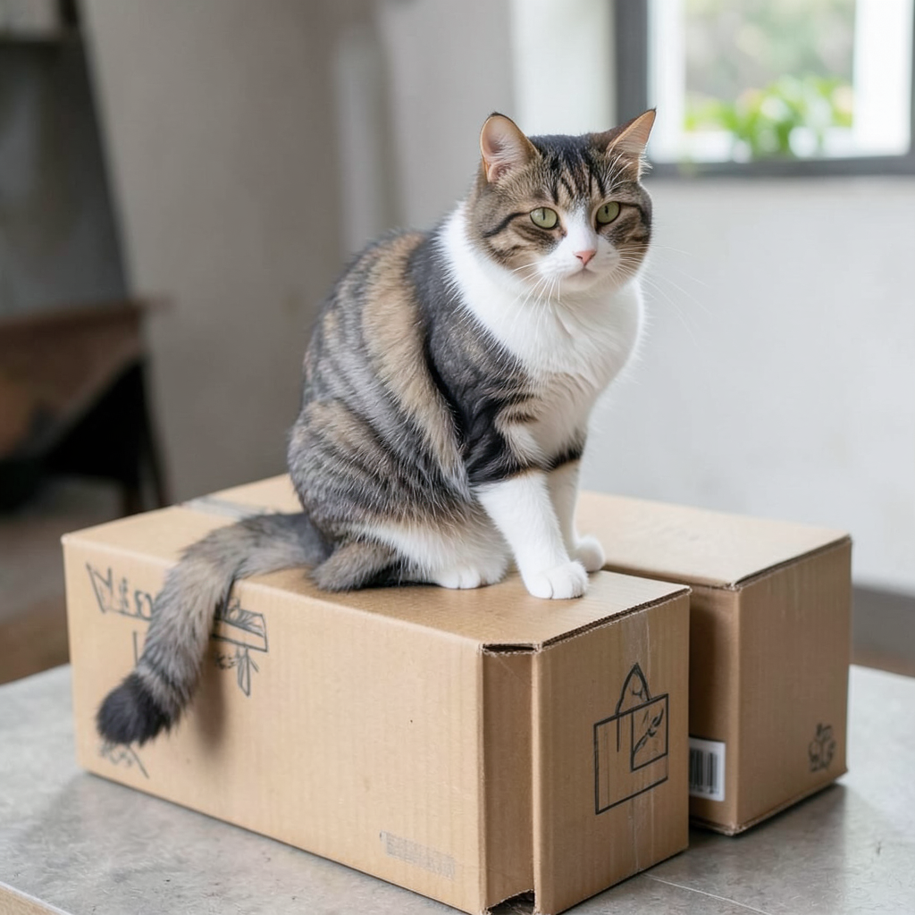 A cat sitting on top of a cardboard box