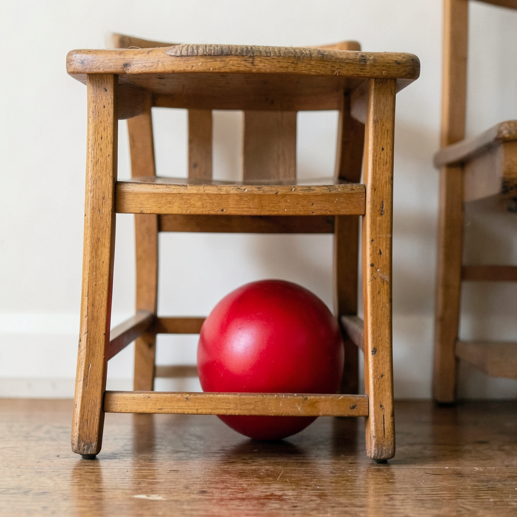 A red ball underneath a wooden chair