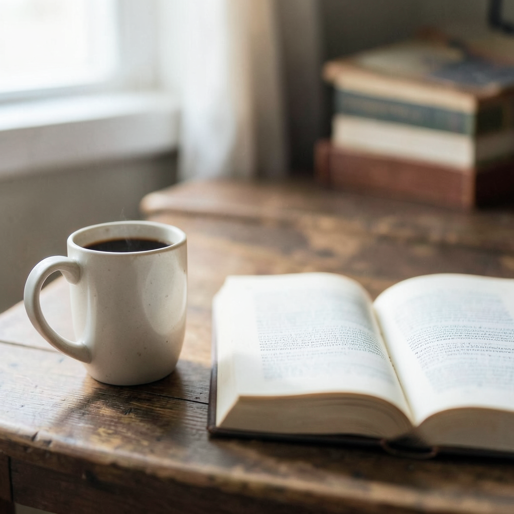 A coffee mug next to an open book on a desk