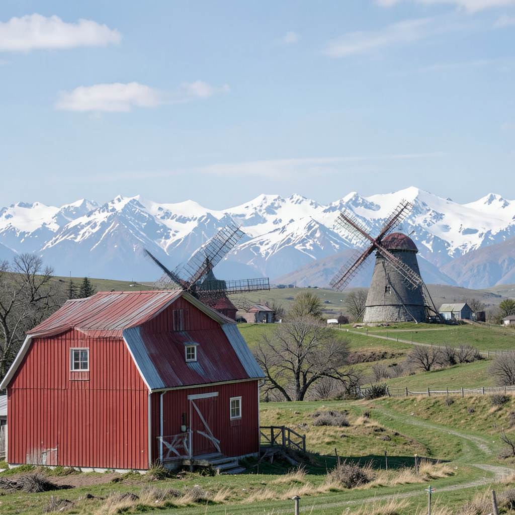 A landscape with a red barn in the foreground at large scale