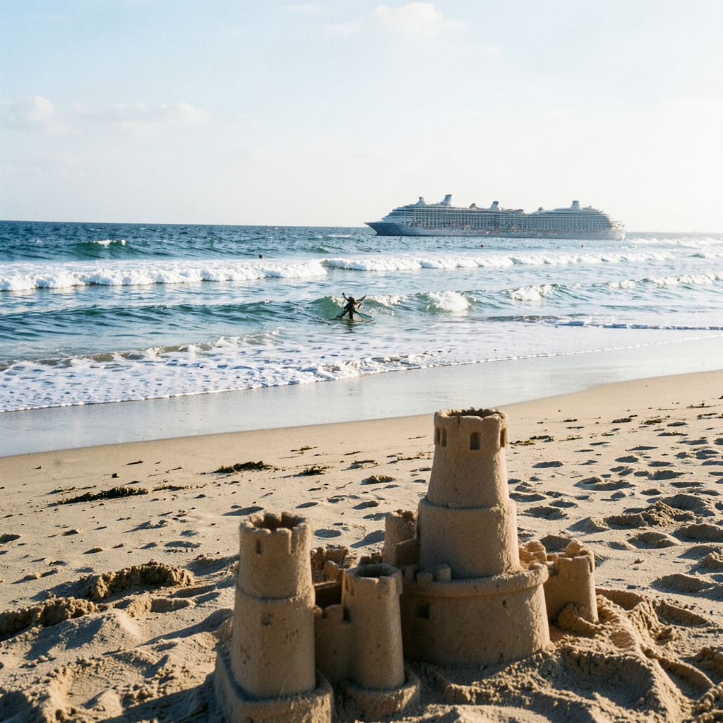 A beach scene with a sandcastle in the foreground, a surfer 
