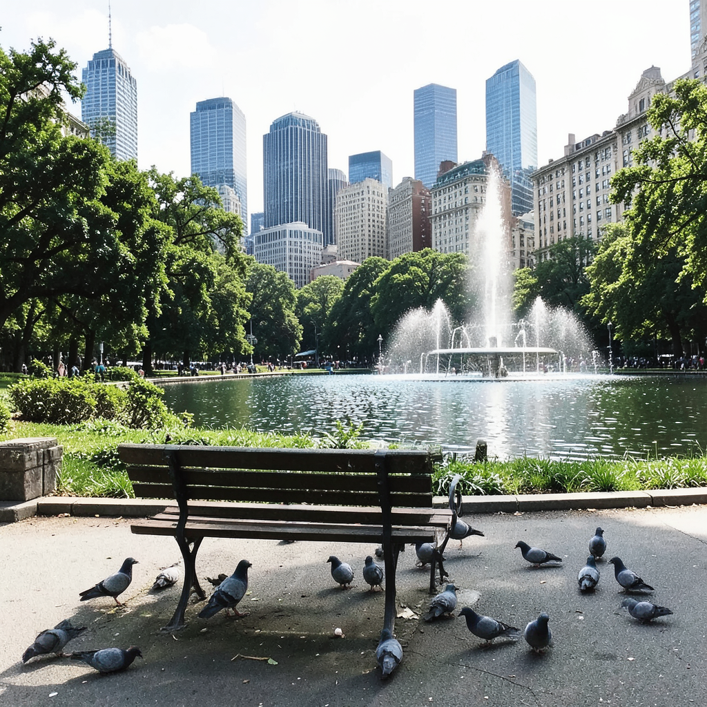 A city park with a park bench and pigeons in the foreground,