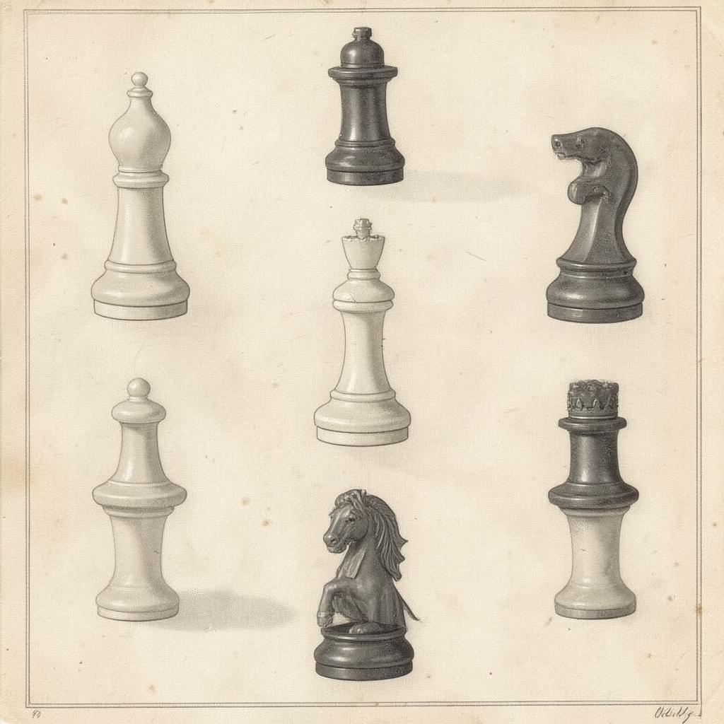 Five chess pieces on a board: a king in the center, a queen 