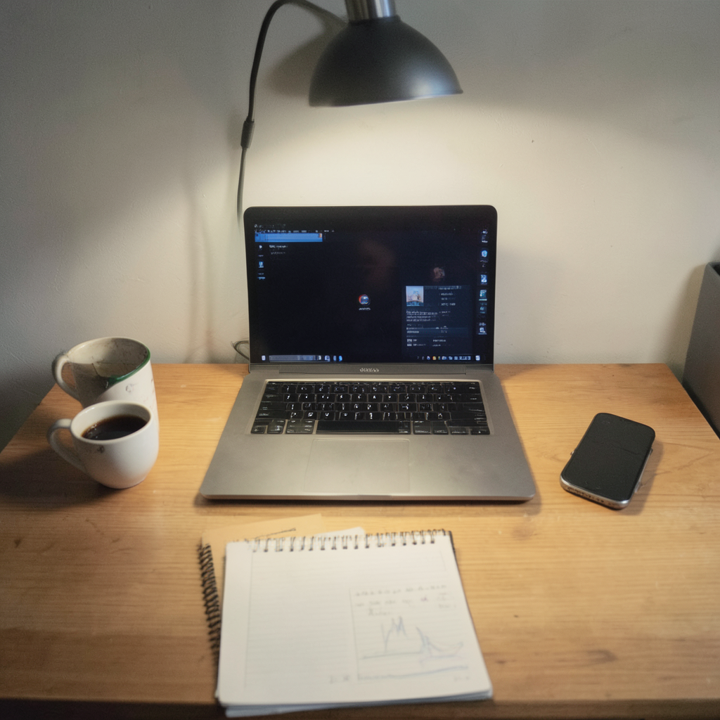 A desk scene: laptop in the center, coffee mug to the left, 