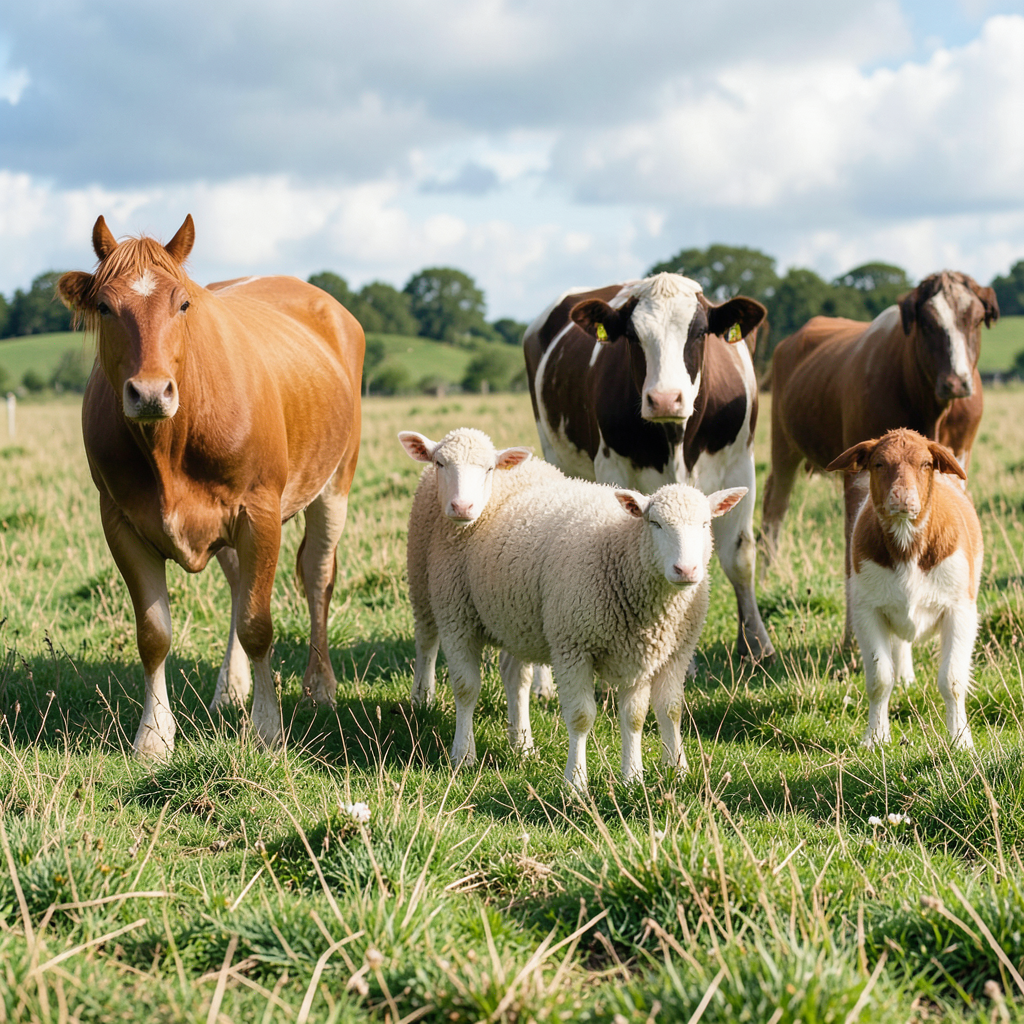 Five animals in a field: a horse on the far left, a cow to t