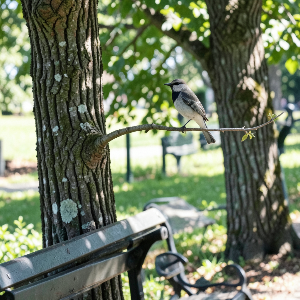 A bird perched on a branch, the branch extending from a tree