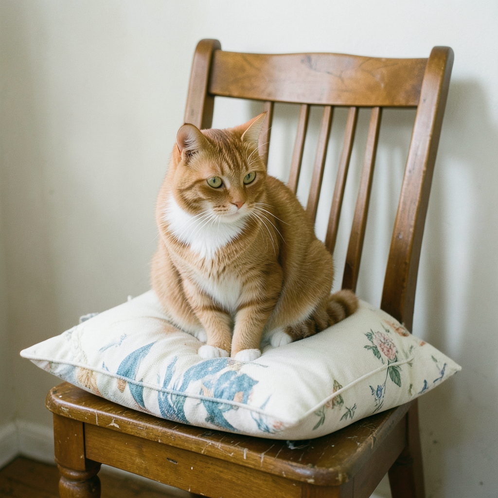 A cat sitting on a pillow, the pillow placed on a wooden cha