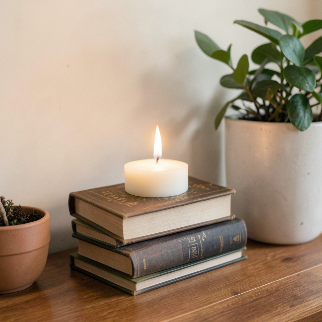 A candle on top of a stack of books, the books next to a pot