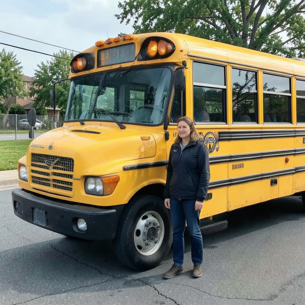 A person standing next to a yellow school bus, showing reali