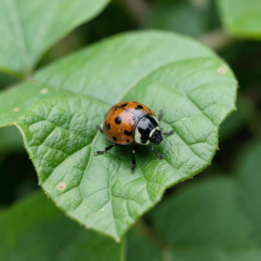 A ladybug sitting on a large green leaf, shown at realistic 