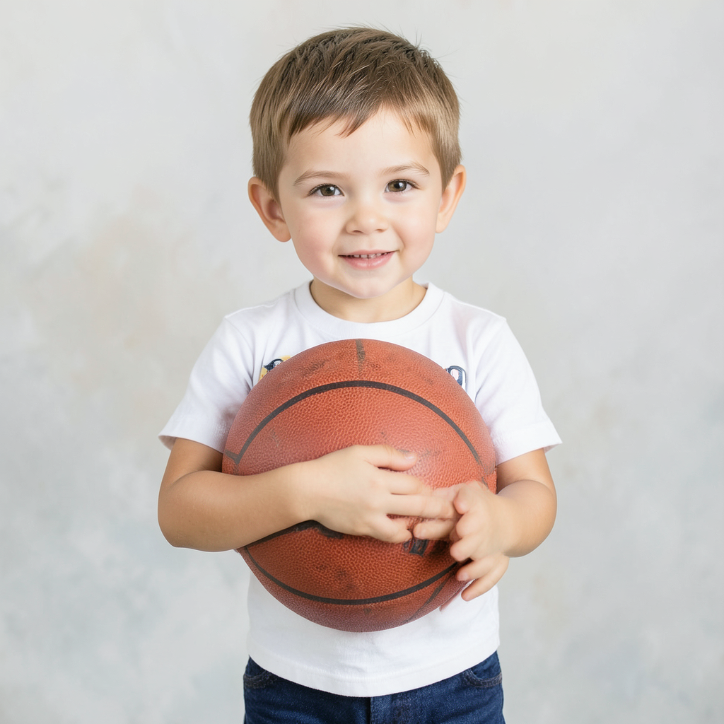 A child holding a basketball, both at correct relative sizes