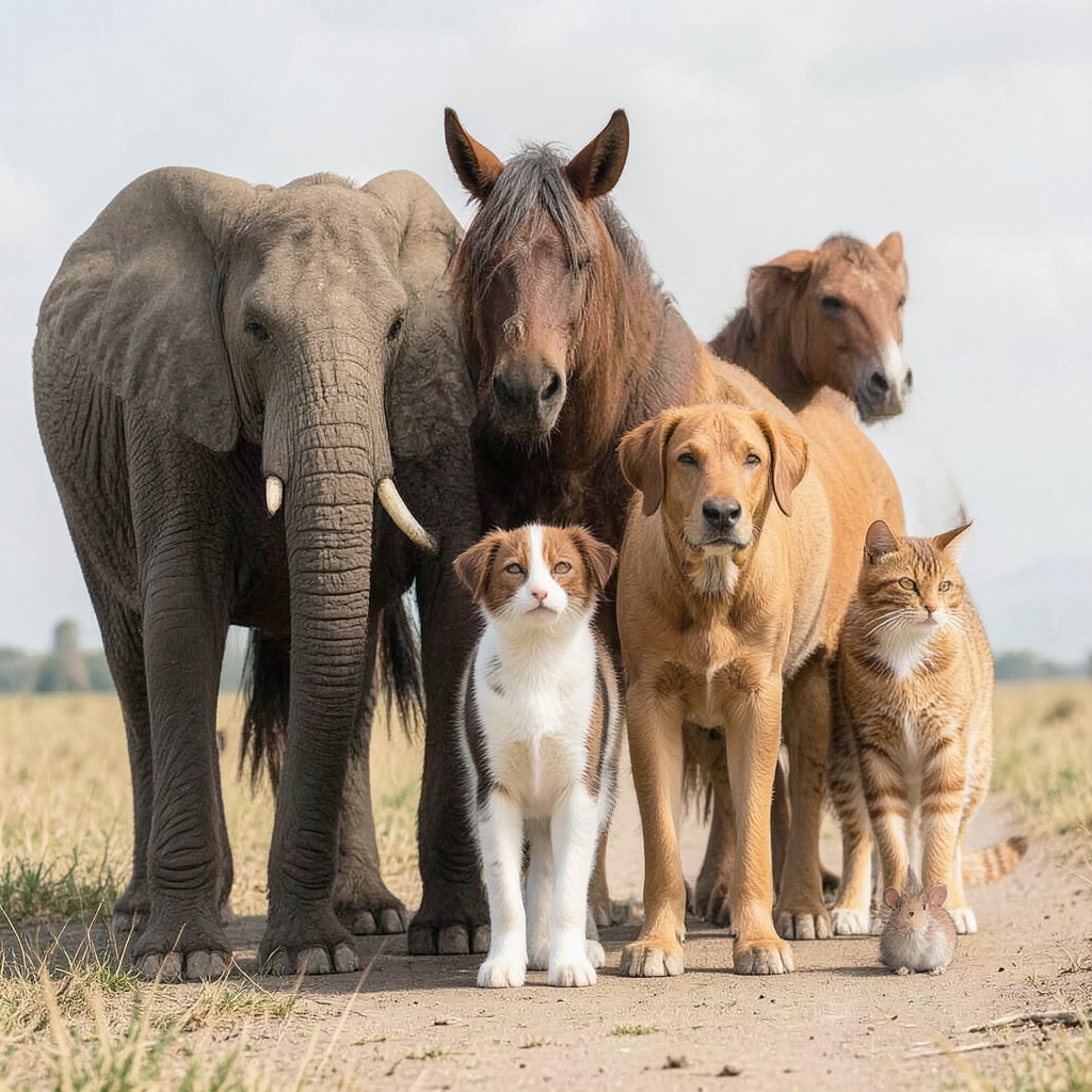 A group photo of an elephant, a horse, a dog, a cat, and a m