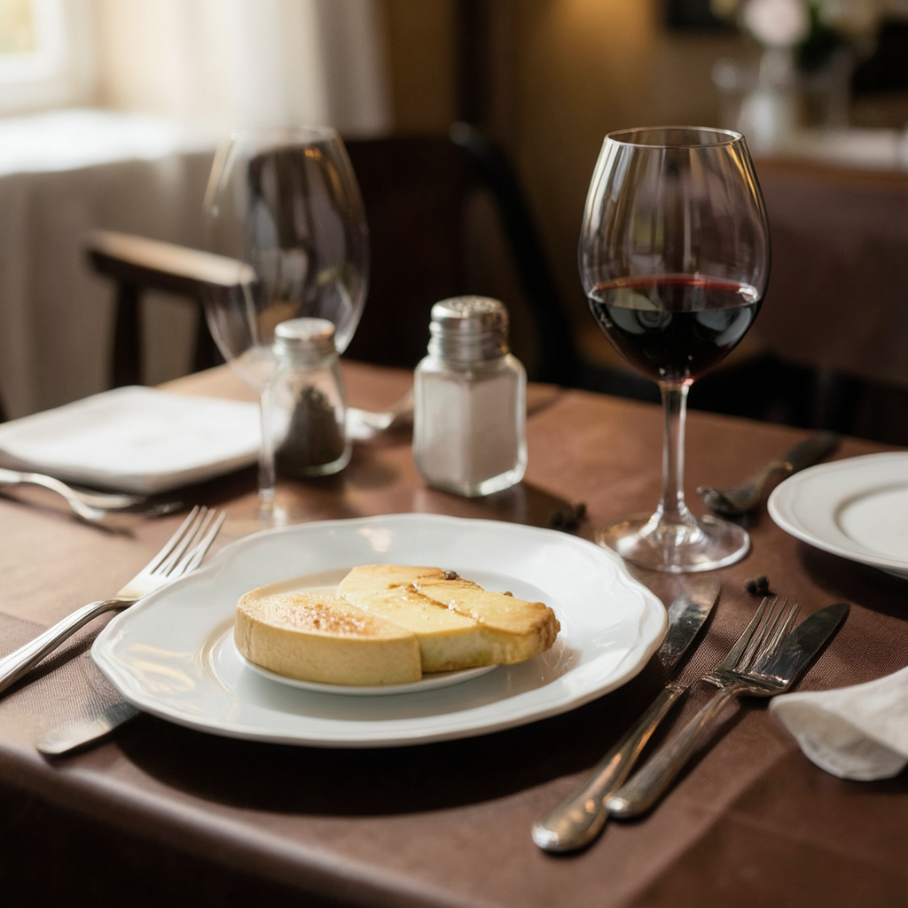 A dinner table scene with a plate, fork, knife, wine glass, 