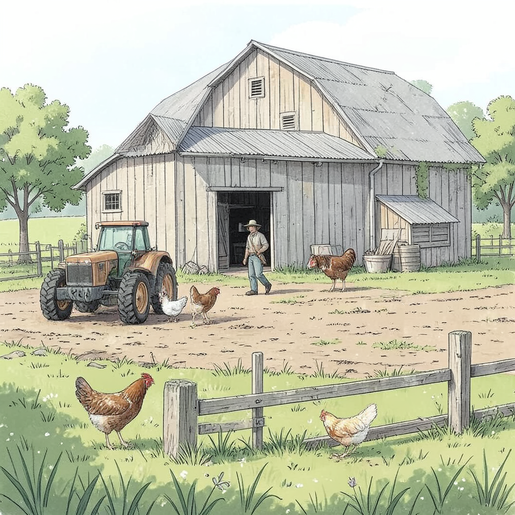 A farm scene with a barn, tractor, farmer, cow, chicken, and