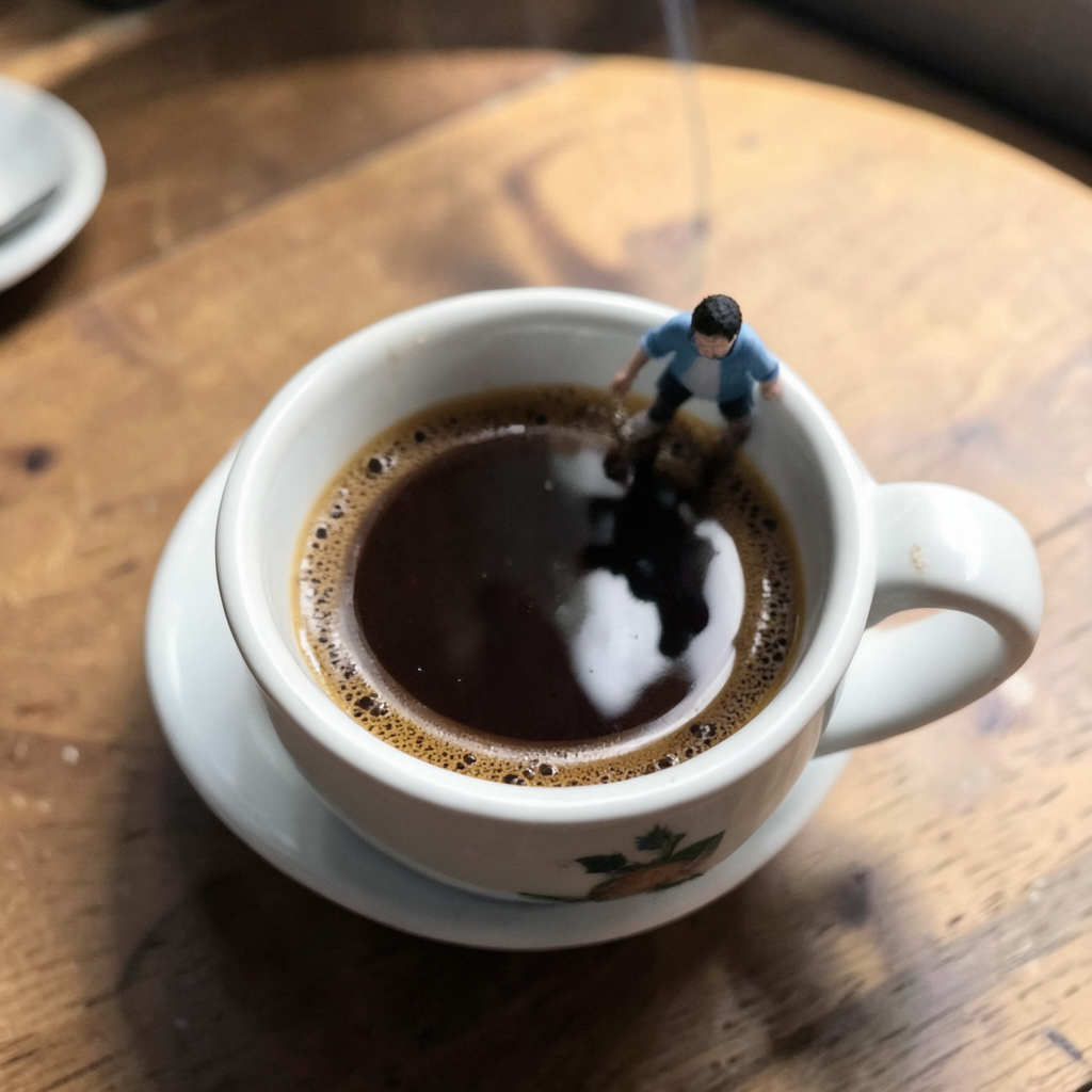 A tiny person standing on the rim of a coffee cup, looking d