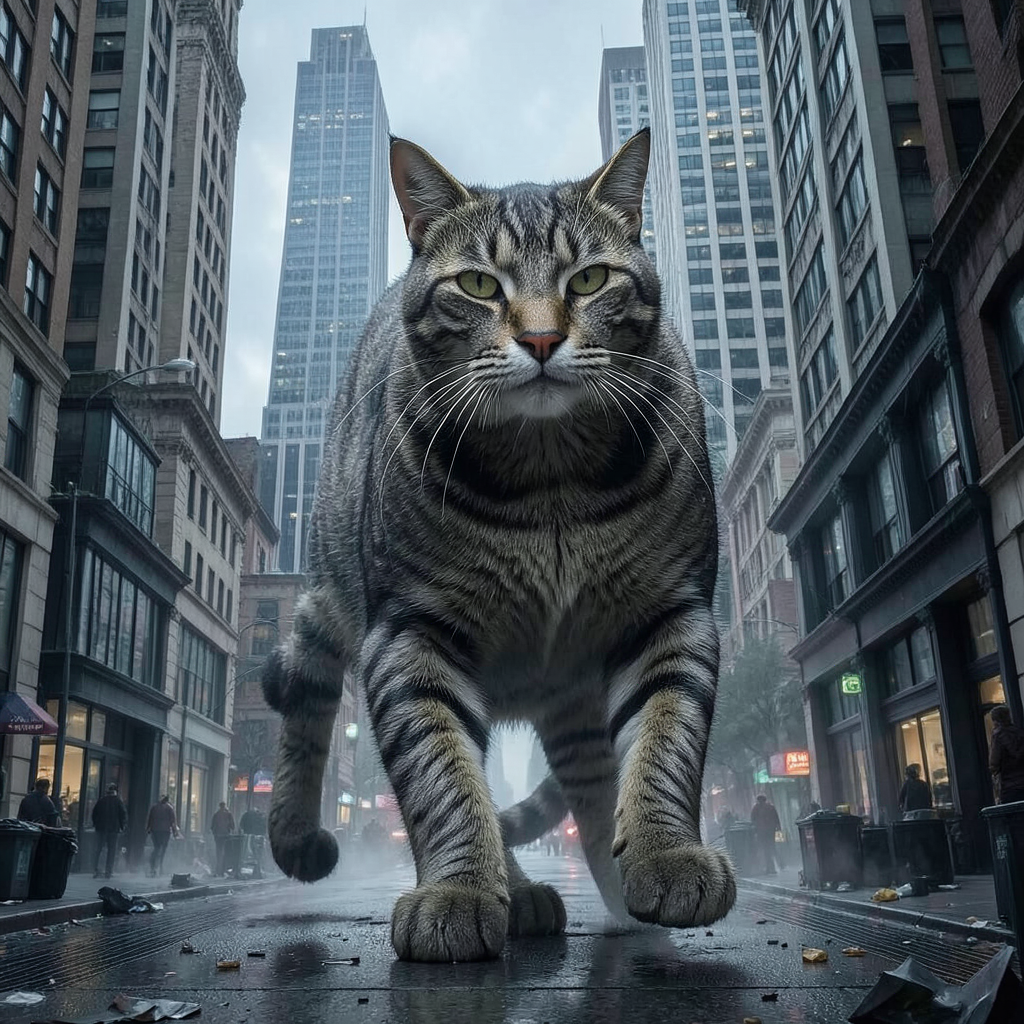 A giant tabby cat walking between city skyscrapers like a ka