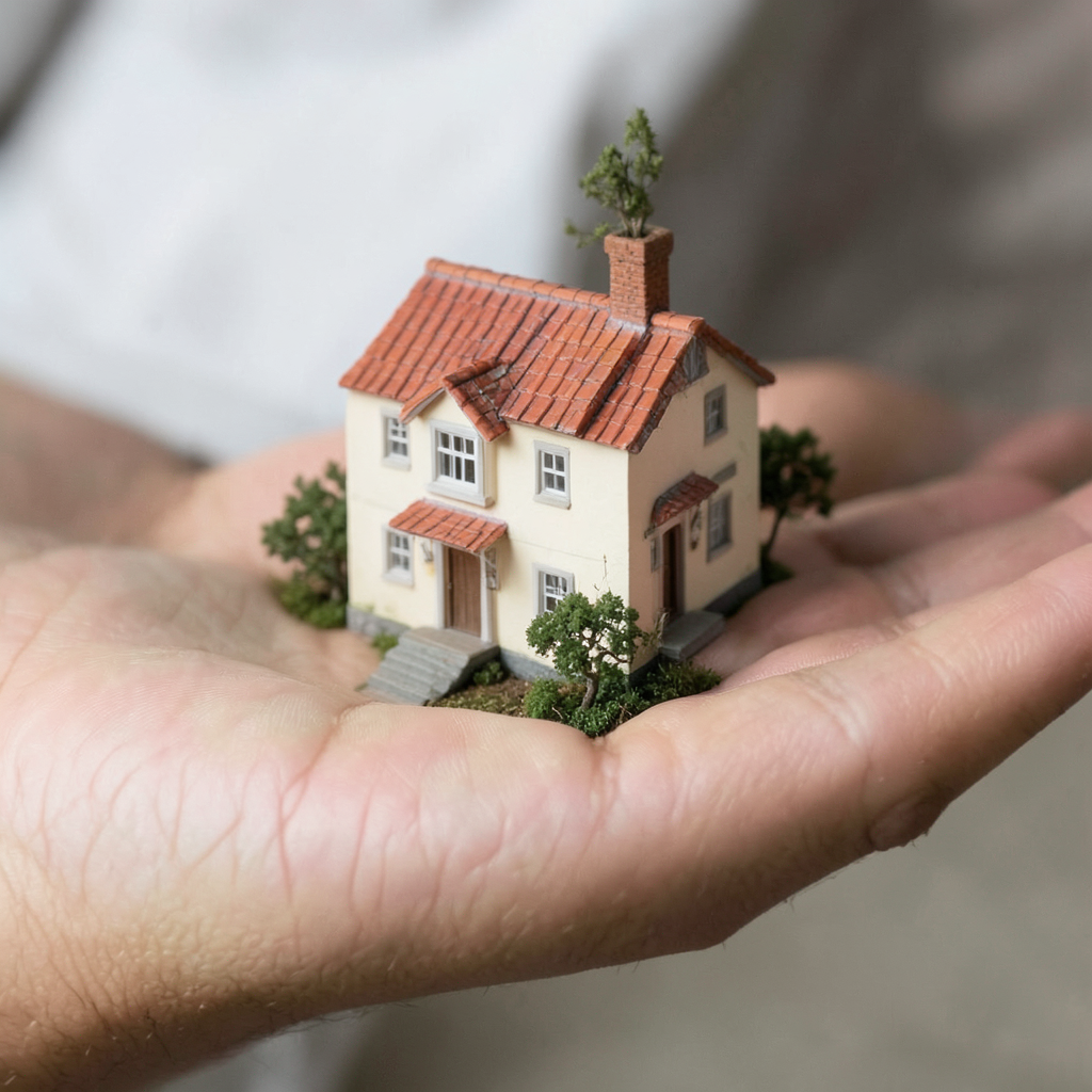 A miniature house sitting on the palm of someone's hand