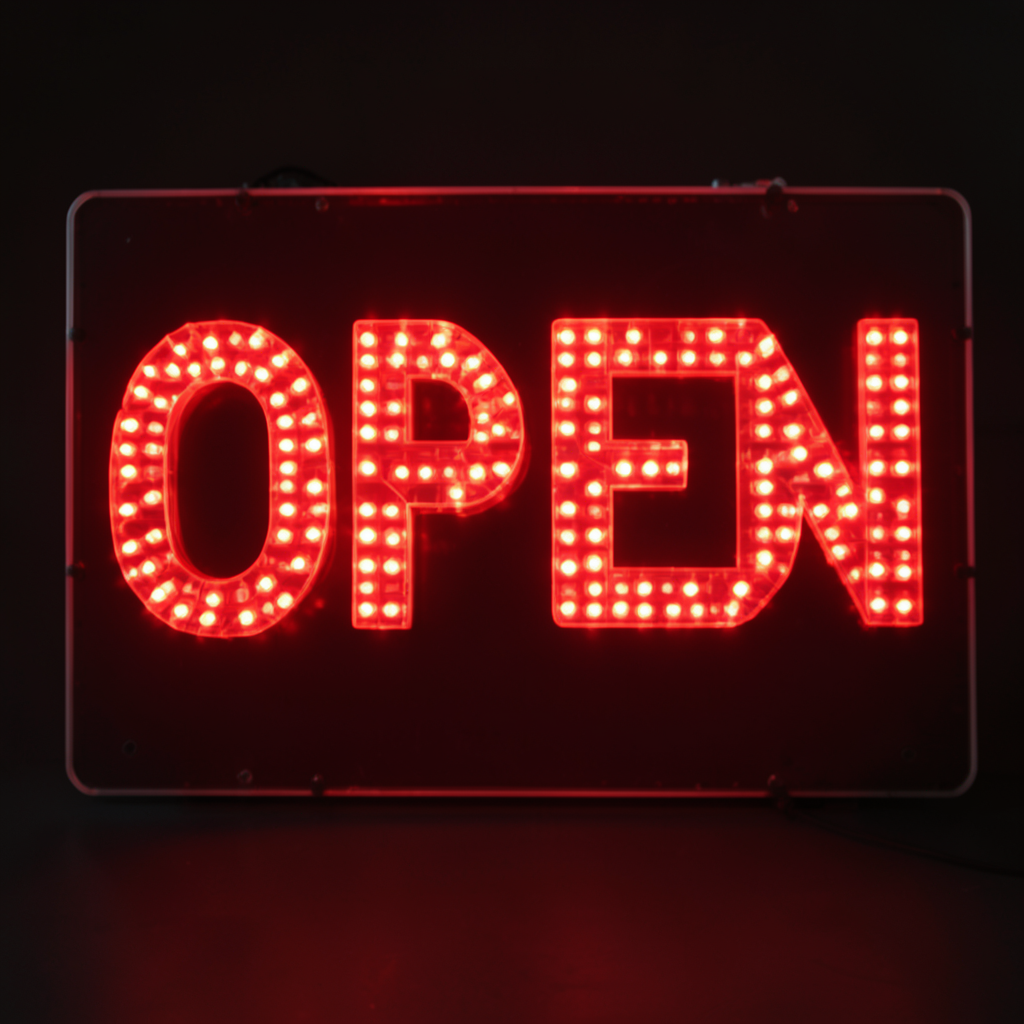 The word 'OPEN' displayed on a red LED sign with glowing pix