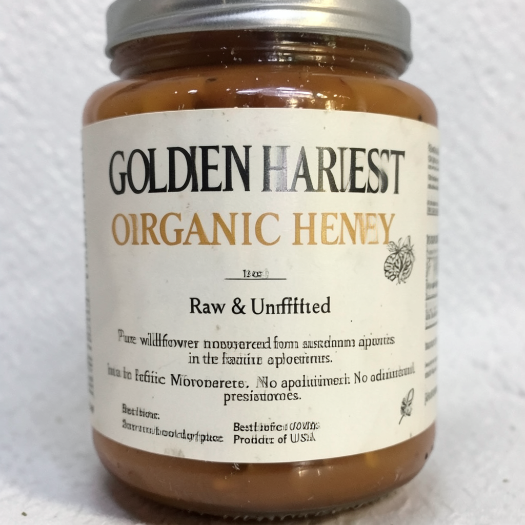 A product label for 'GOLDEN HARVEST ORGANIC HONEY' with subt