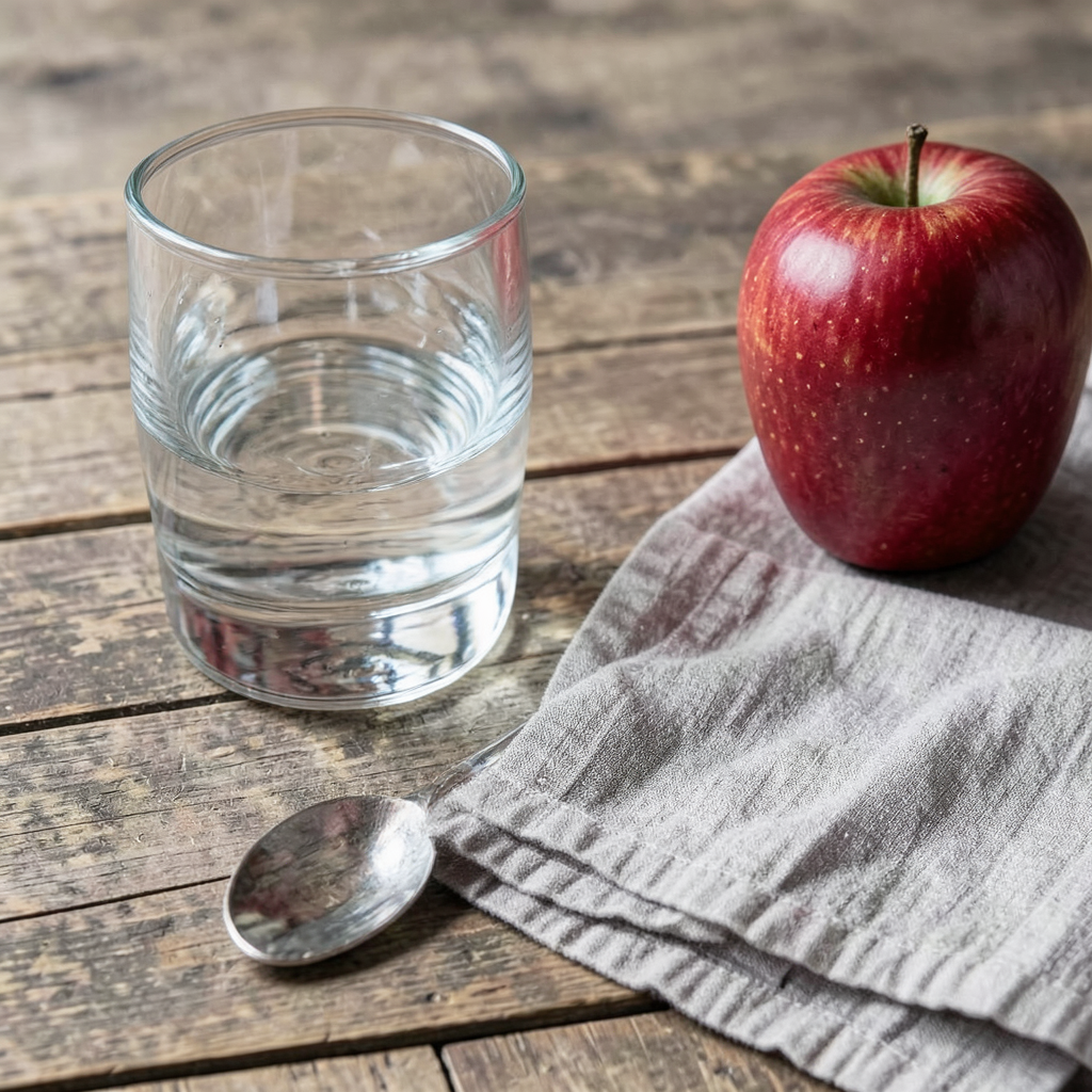 A still life on a wooden table featuring a clear glass of wa