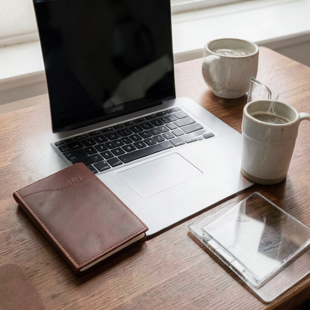 A workspace desk with a brushed aluminum laptop, a leather-b